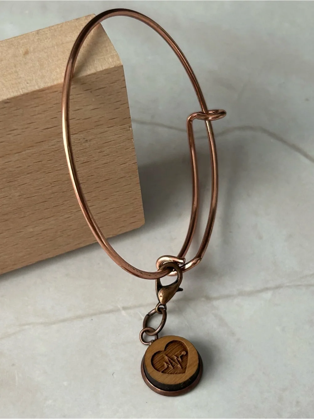 Copper Tone Expandable Bracelet with Wood Heart Charm